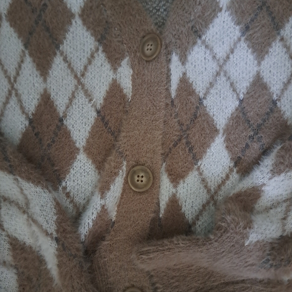 WILLIAM RAST cozy soft beige tan brown argyle plaid button cardigan sweater Med - Picture 8 of 9